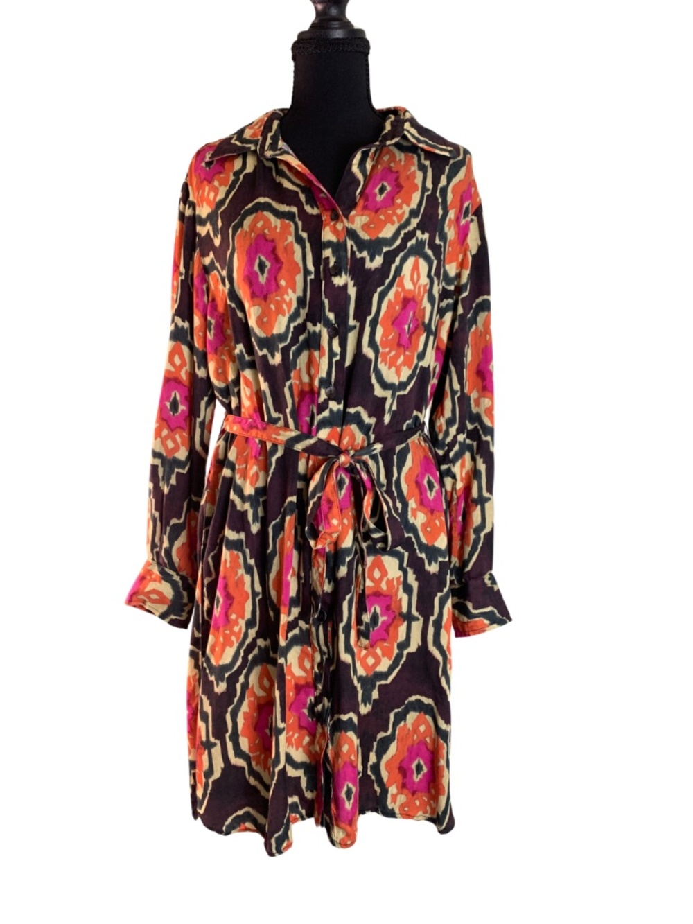 Finley Flame Medallion Shirt Dress Women's M Made in USA Pink Orange Boho Chic